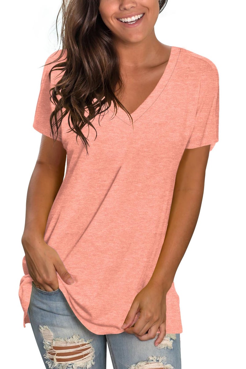 Sipaya Summer T Shirts for Women V Neck Solid Color T-Shirts Cute Short Sleeve Tunic Tops Coral M - Image 1